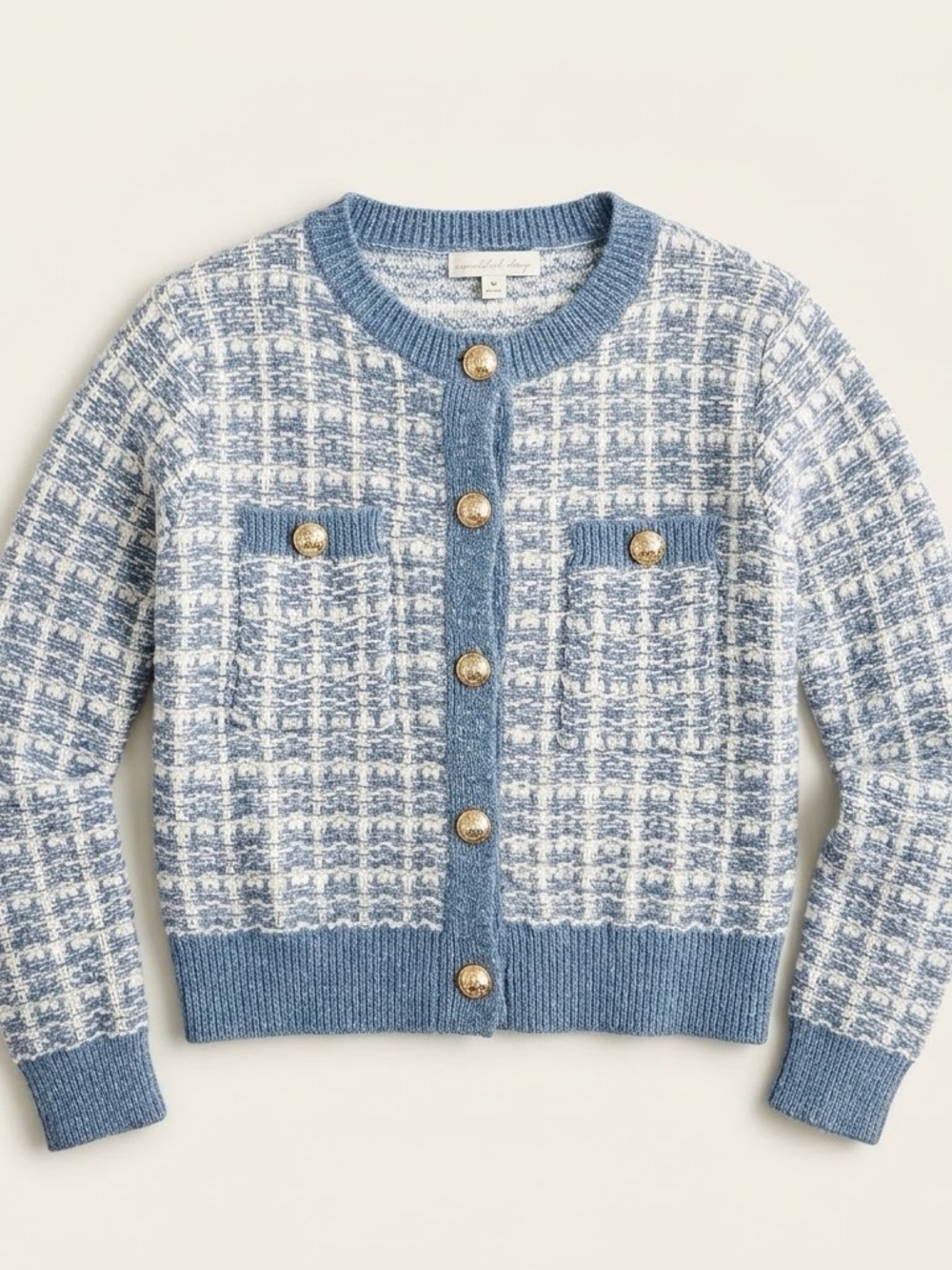 Blue and White Tweed Crewneck Cardigan Sweater